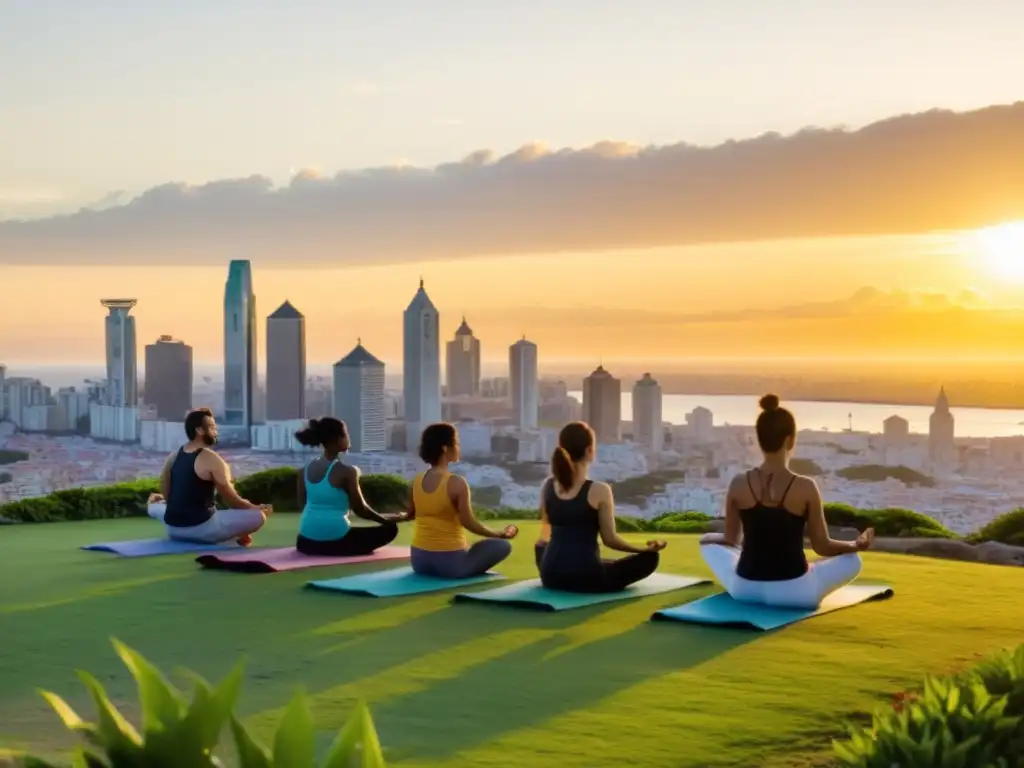 Grupo diverso practicando yoga en Uruguay, siluetas contra el ocaso, mezclando belleza natural, cultura y tranquilidad