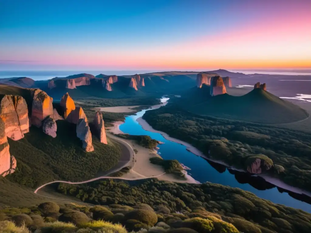 Grupo de escaladores desafiando los acantilados rocosos de Uruguay al amanecer, un lugar impresionante para practicar escalada en Uruguay