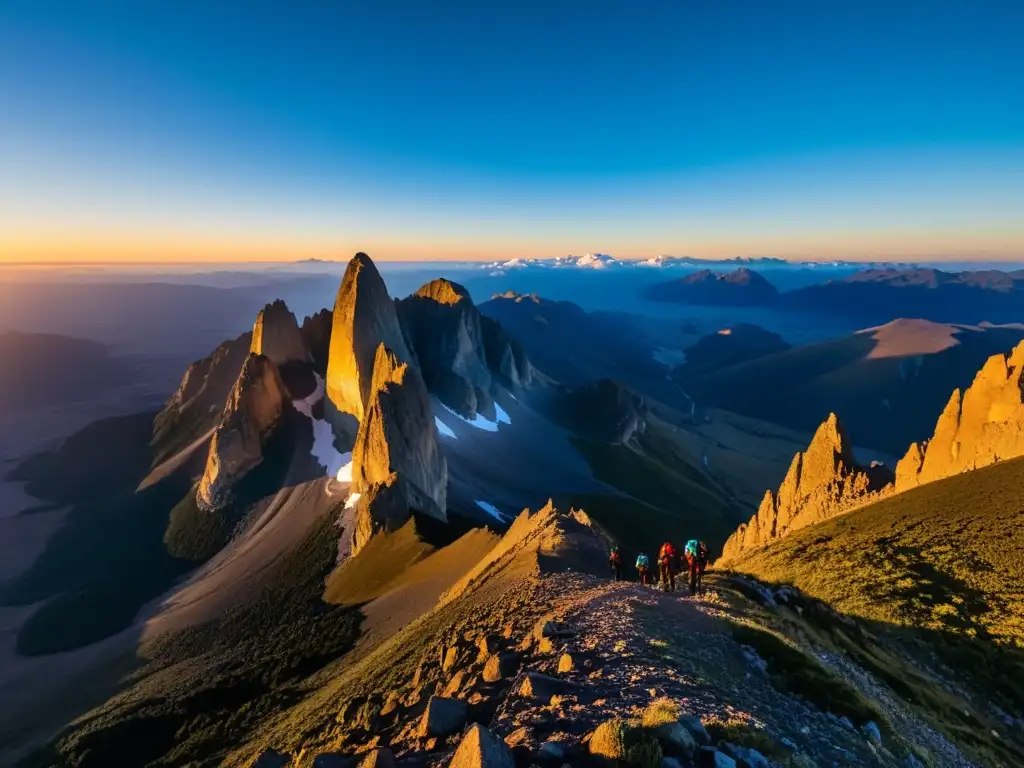 Grupo de escaladores preparándose para enfrentar desafíos en los agrestes picos de Uruguay, bajo un cielo azul y un cálido sol dorado