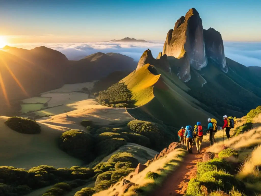 Grupo de escaladores preparándose al amanecer para enfrentar desafíos de picos en la serena y agreste escalada en Uruguay