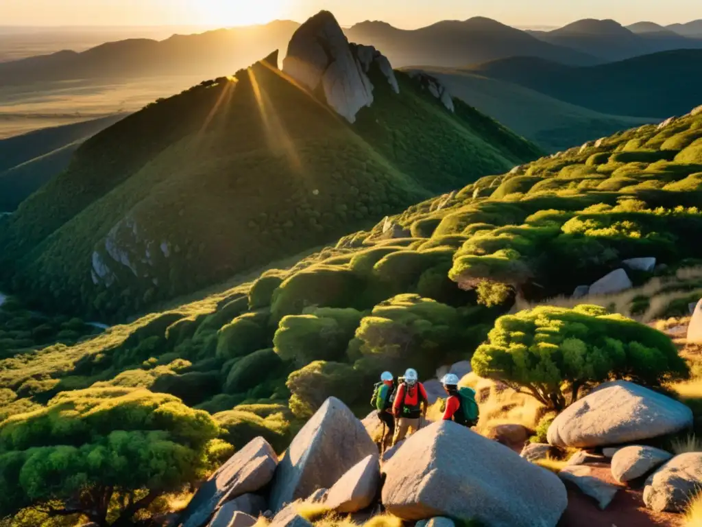 Grupo de escaladores preparándose al amanecer, en uno de los mejores lugares para practicar escalada en Uruguay, la majestuosa Sierra de las Ánimas