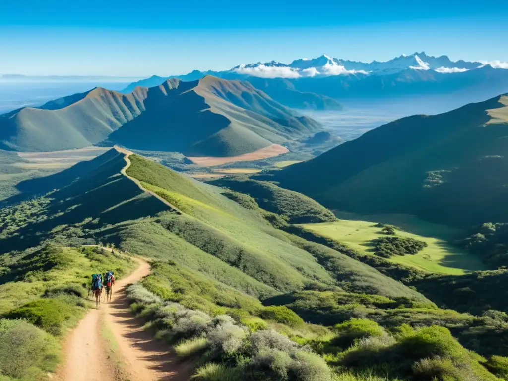 Grupo de excursionistas en rutas de senderismo en Uruguay, explorando bajo un cielo azul el vibrante campo uruguayo hacia la Sierra Carapé