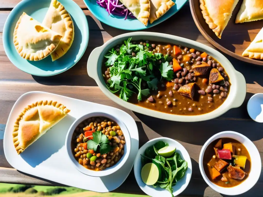 Grupo de gente feliz en Uruguay, disfrutando de alimentos y bebidas saludables en una mesa rústica bajo el sol, rodeados de la belleza natural