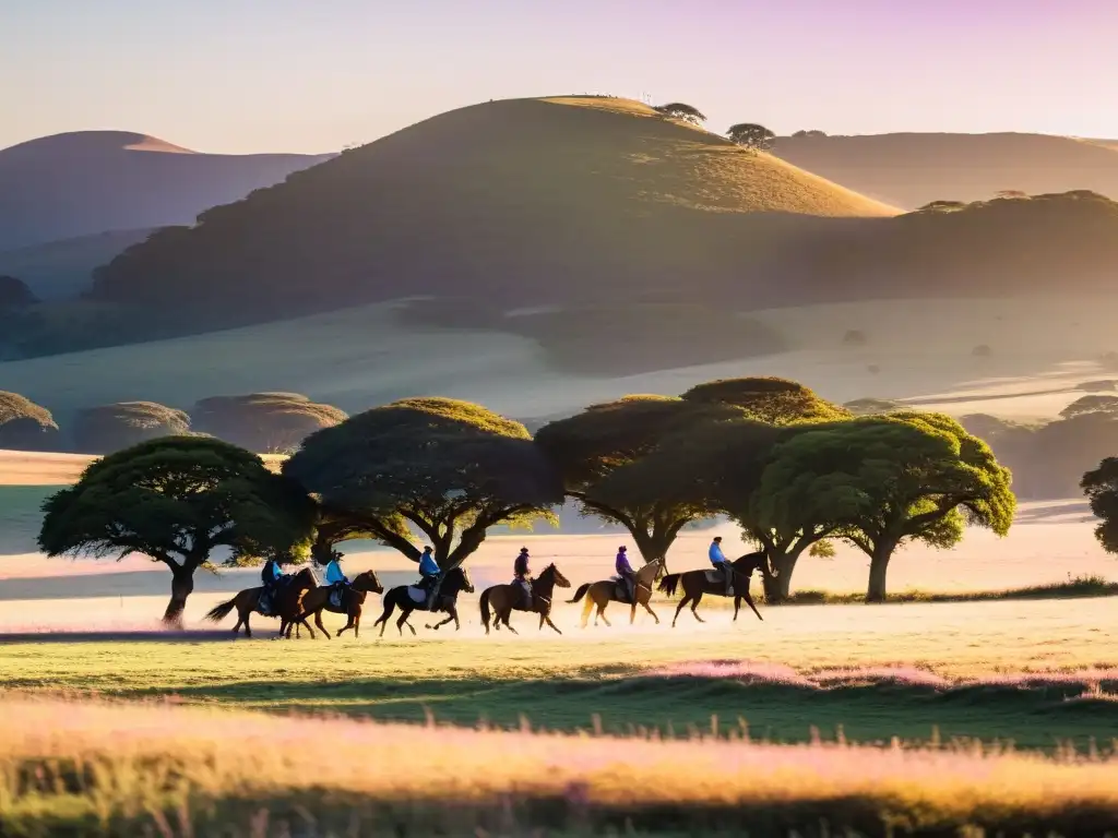 Grupo de jinetes explorando la belleza natural en Uruguay al atardecer, atravesando llanuras onduladas con ranchos gauchos distantes