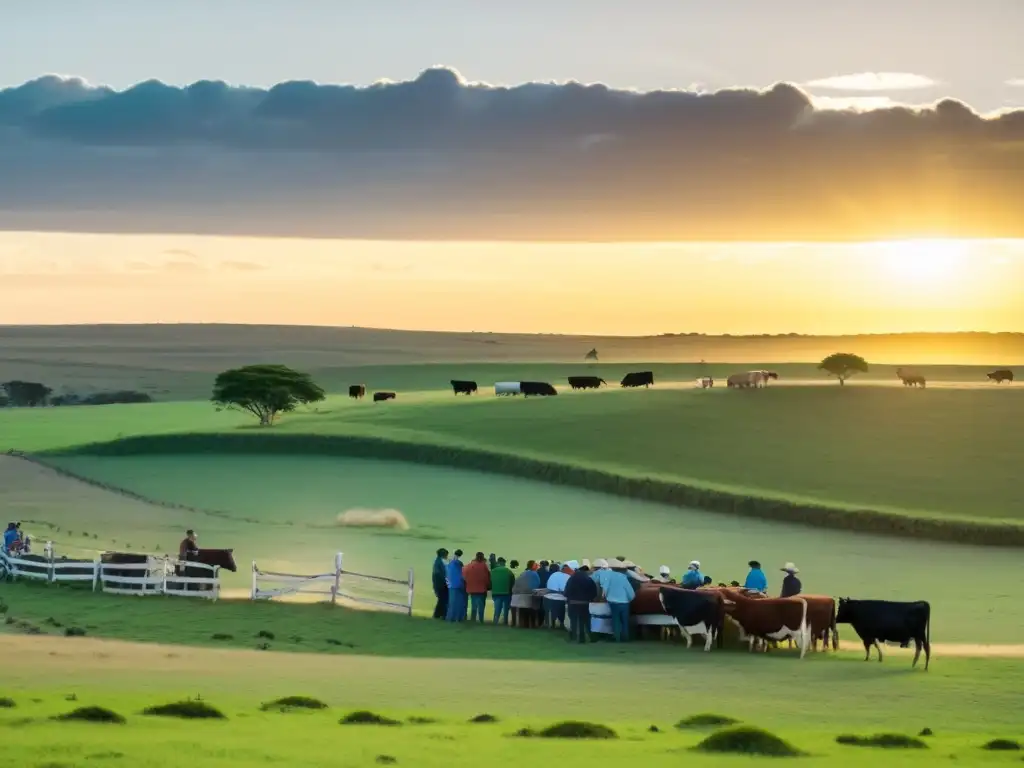 Un grupo de locales disfruta de una charla animada al atardecer bajo la señal 'Proyectos turismo comunitario Uruguay' en la campiña dorada