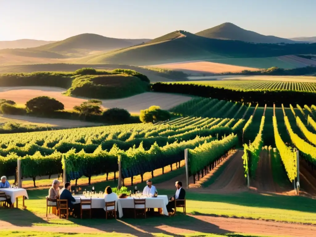 Grupo disfrutando de los mejores tours de vino en Uruguay, en un viñedo dorado al atardecer, aprendiendo con un apasionado sommelier