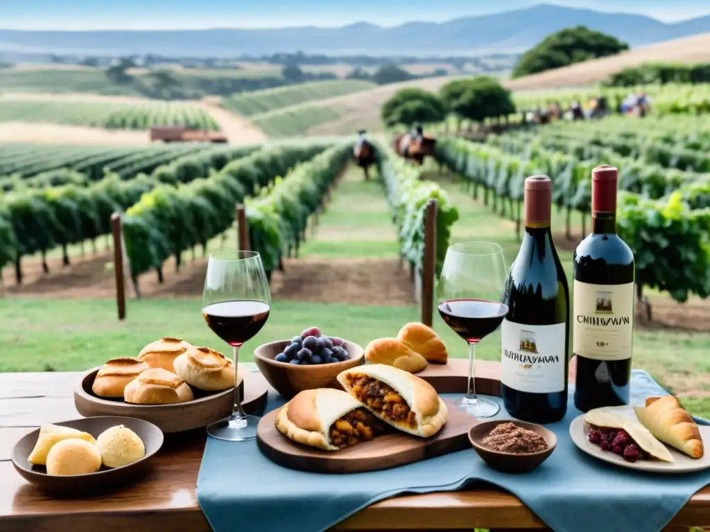 Grupo disfrutando en una mesa rústica con maridaje de platos uruguayos y vinos bajo un cielo azul pálido en un viñedo uruguayo