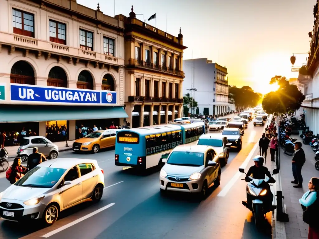 Grupo multicultural aprendiendo reglas de tráfico en Uruguay, en una calle animada al atardecer, creando un ambiente cálido y acogedor