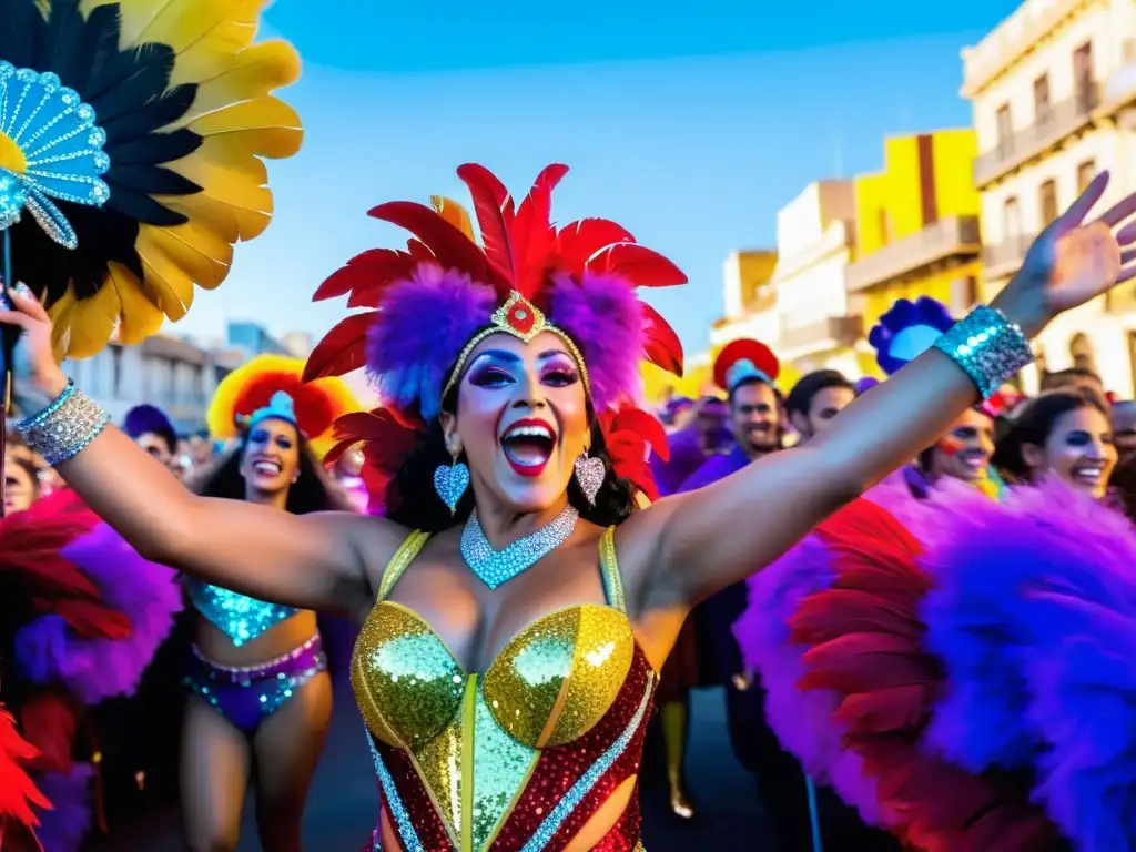 Grupo de murga deslumbrando en el Carnaval en Uruguay, fotografías capturan la energía y colores vibrantes bajo un cielo estrellado