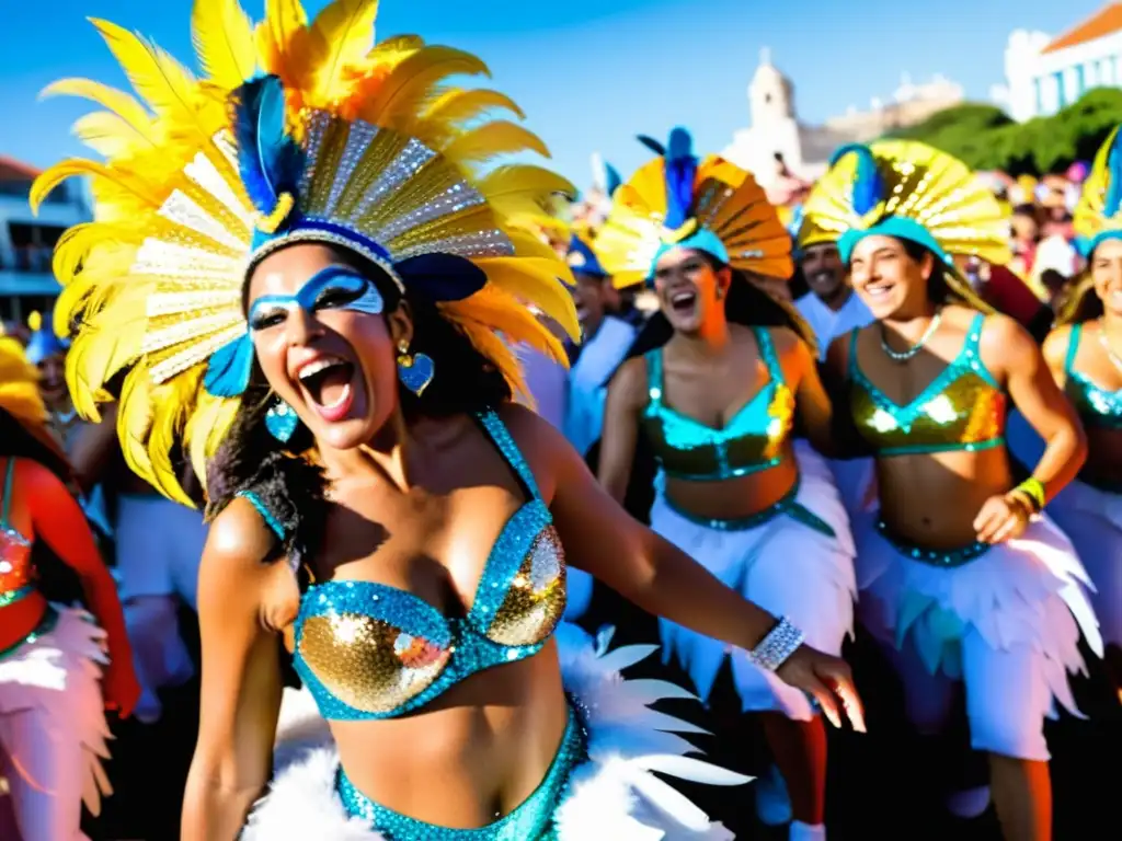 Grupo de murga deslumbrante en el 'Carnaval de Uruguay', demostrando técnicas de fotografía para festivales uruguayos