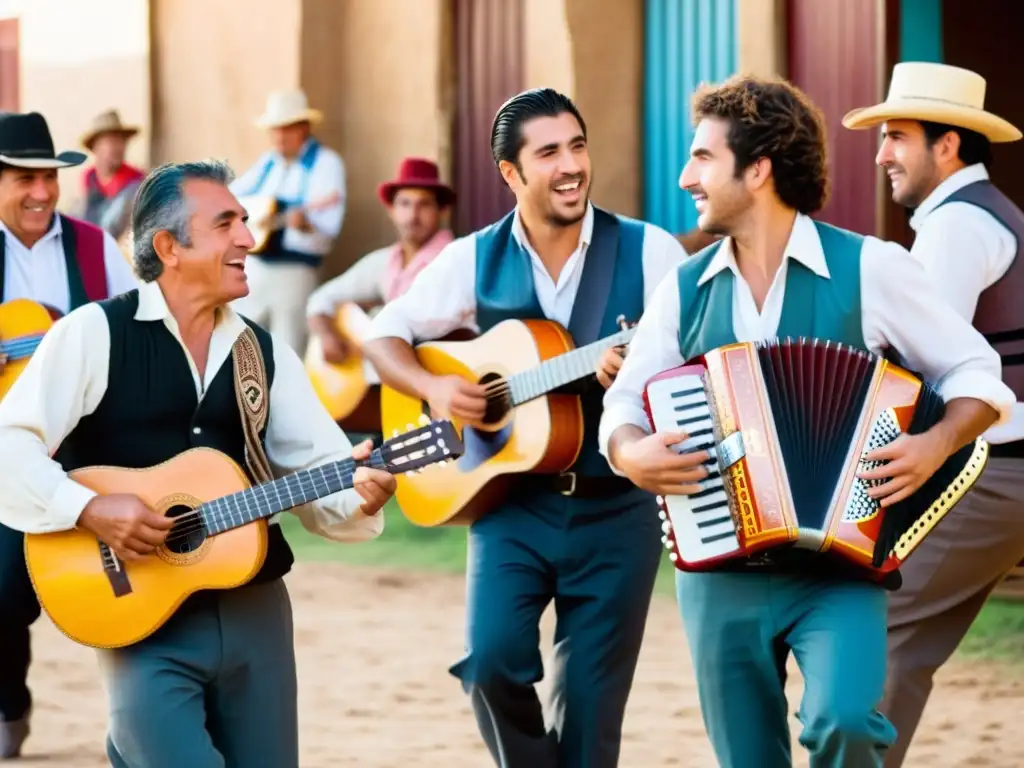 Grupo de músicos en pleno corazón de un festival de música folklórica uruguaya, instrumentos y voces en armonía bajo un atardecer vibrante