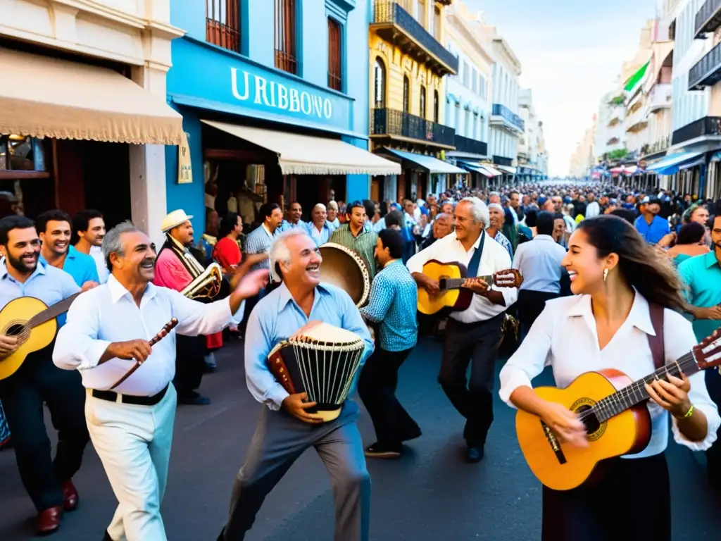 Grupo de músicos toca apasionadamente tamboril y bandoneón en un festival en Montevideo, reflejando la vibrante música y sociedad en Uruguay