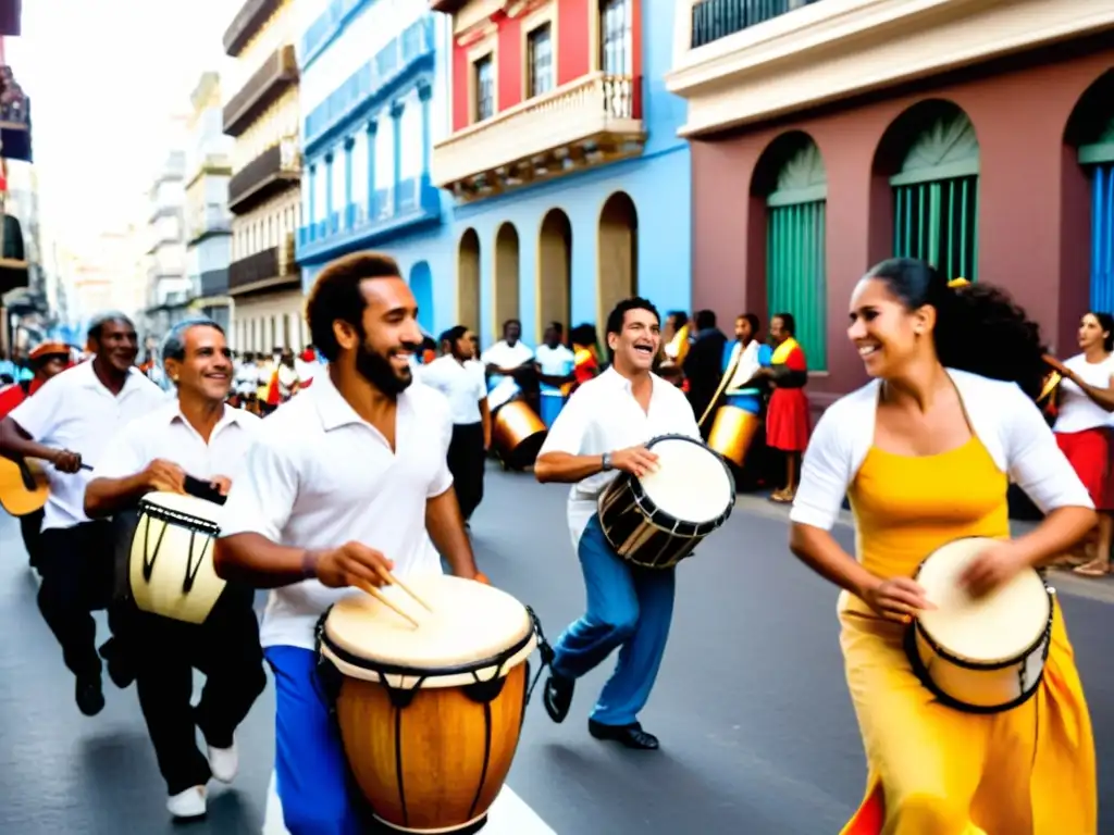 Grupo de músicos llenando de vida las calles de Montevideo con Candombe, reflejando la evolución y raíces de la música de Uruguay en el presente