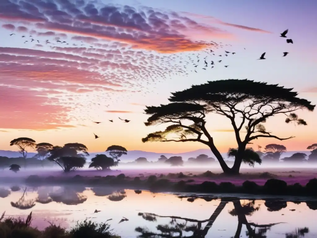 Grupo de observadores de aves preparándose para su tour en Uruguay, maravillados por la salida del sol y el vuelo de aves nativas