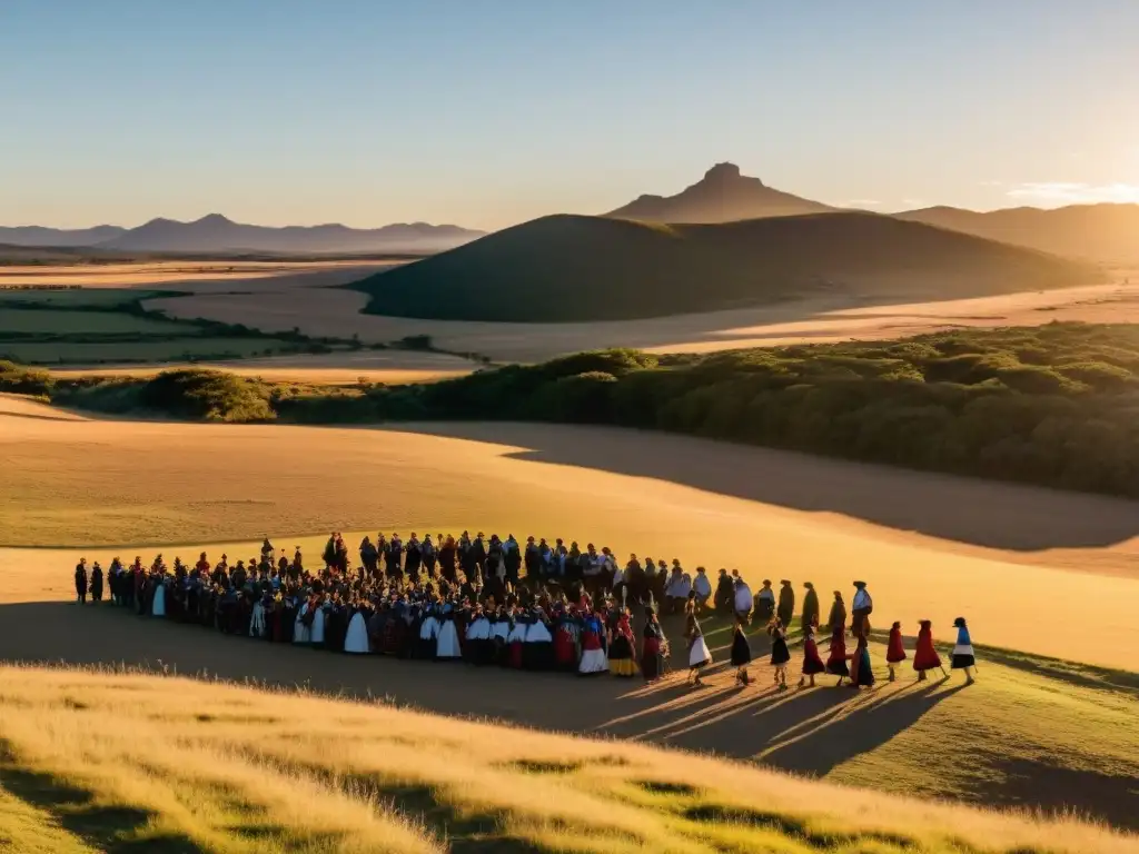 Grupo de Charrúas unidos en pacífica protesta, manifestando su historia y lucha indígena en Uruguay, bajo un atardecer dorado