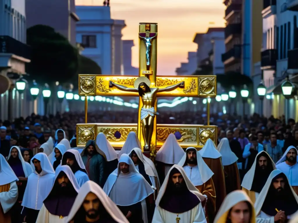 Grupo de penitentes cargando una ornamentada carroza de la crucifixión en la tradición de Semana Santa en Uruguay, bajo un cielo crepuscular