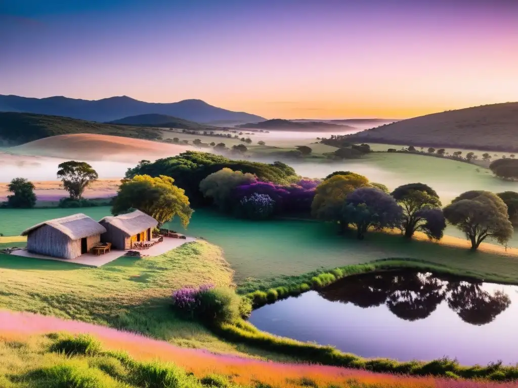 Grupo de personas practicando yoga al amanecer en retiros espirituales Uruguay, rodeados de la belleza natural de colinas verdes y río tranquilo