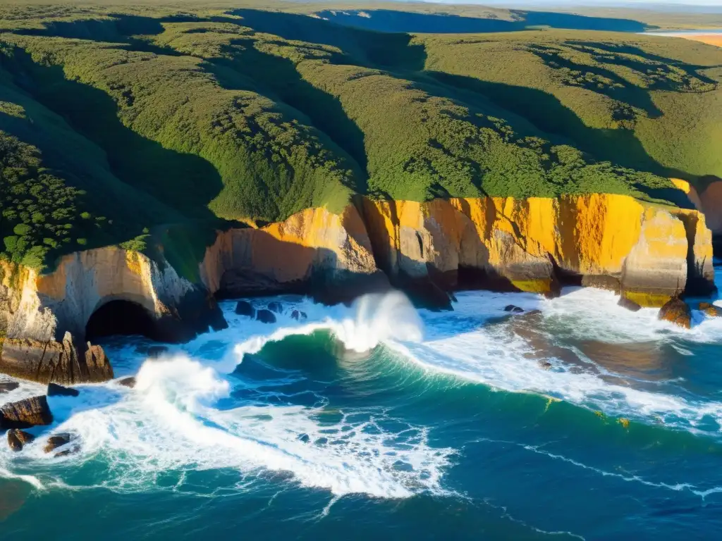 Grupo de intrépidos realizando rapel en acantilados de Uruguay, sus siluetas contrastando con la puesta de sol dorada y el mar azul profundo