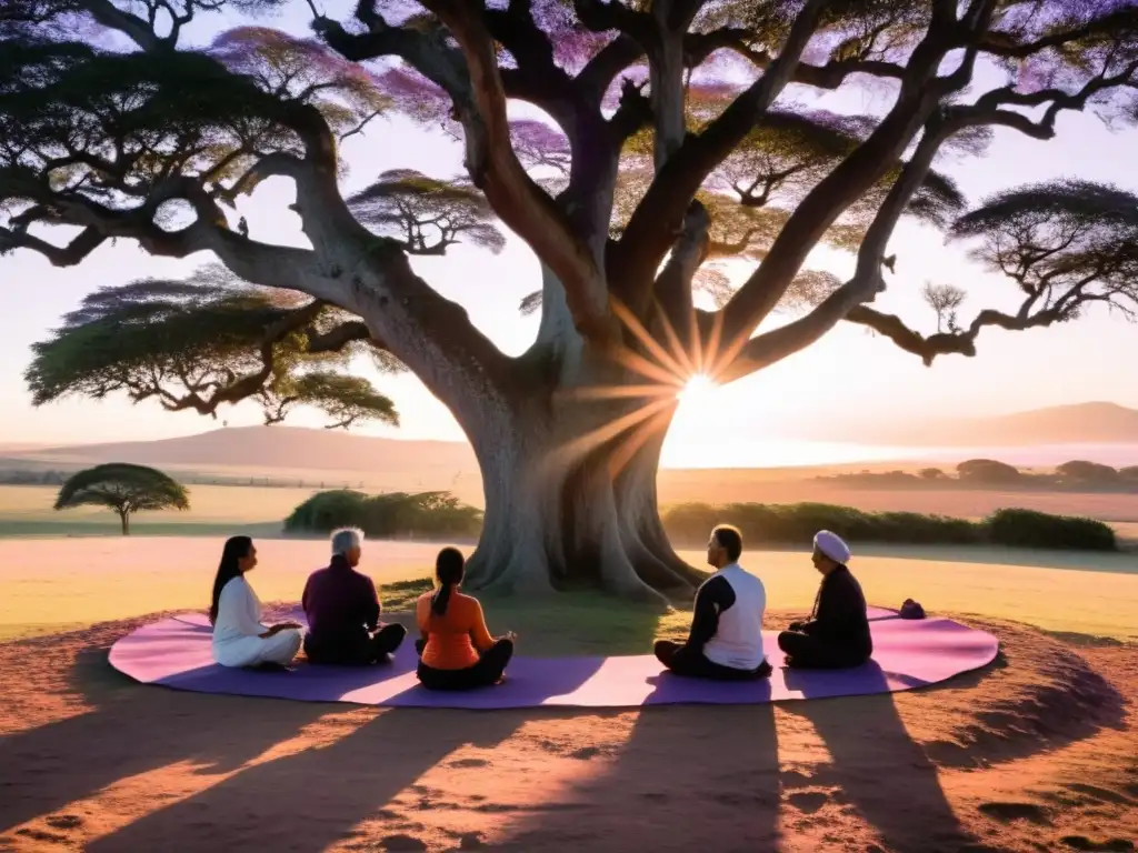 Grupo meditando en retiros espirituales Uruguay, bajo un antiguo árbol, rodeados de belleza natural en un atardecer sereno