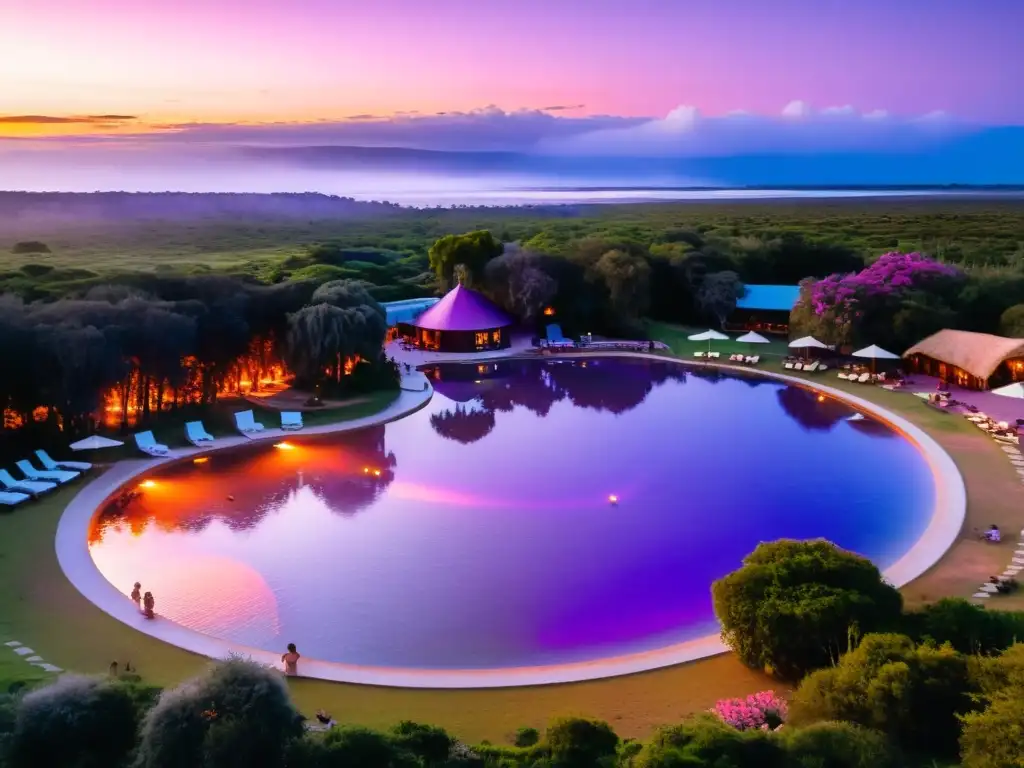 Grupo de turistas disfrutando del atardecer en las mejores termas de Uruguay, un lugar de alojamiento único lleno de lujo y tranquilidad