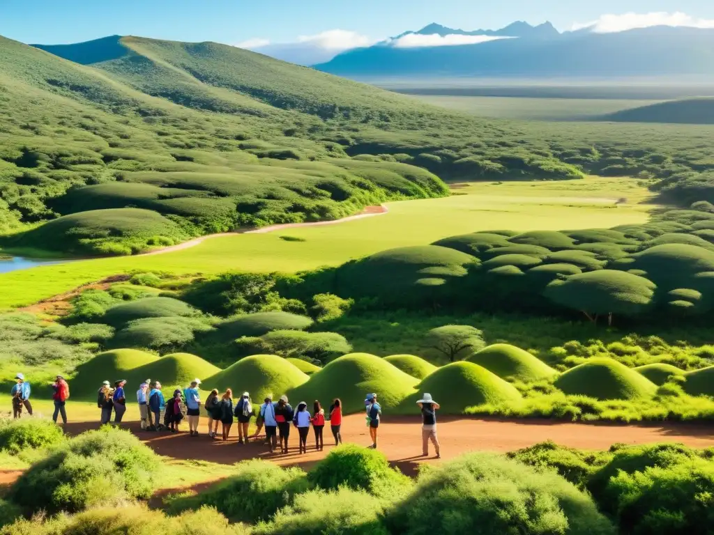 Grupo de turistas explorando la exuberante belleza de Uruguay con iniciativas de sostenibilidad en turismo, bajo un cielo dorado de atardecer