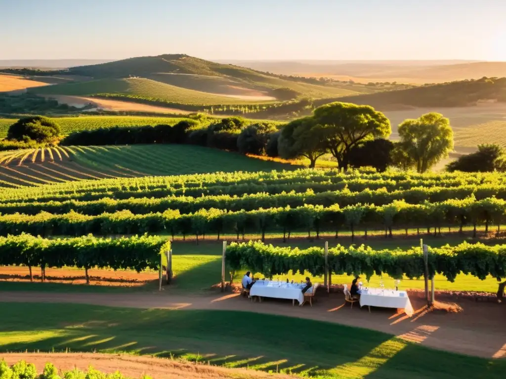 Grupo de turistas disfrutando las Rutas del vino en Uruguay, degustando en un viñedo al dorado atardecer, con la Bandera Uruguaya en el cielo