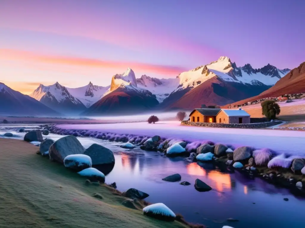 Grupo de viajeros aventurados en el invierno uruguayo, explorando un paisaje nevado al amanecer, con consejos para una cabaña acogedora a orillas del río