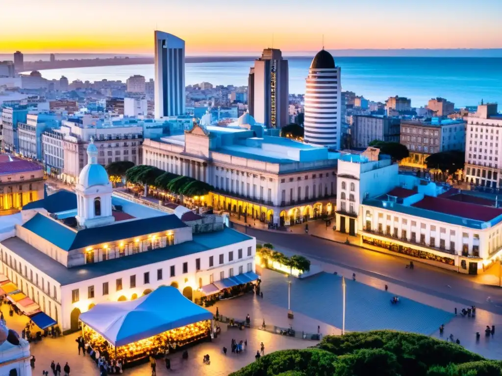 Grupo de viajeros económicos disfrutan del atardecer en Montevideo, descifrando un mapa de Uruguay, símbolo de sus aventuras