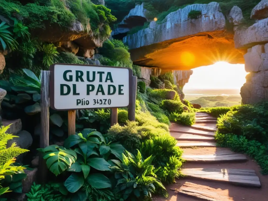 Gruta del Padre Pío Uruguay al amanecer, con peregrinos iluminados por el sol dorado en un camino hacia la entrada cavernosa rodeada de vegetación