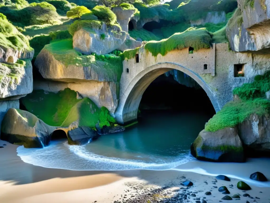 Gruta del Padre Pío en Uruguay, un santuario sagrado de piedra antigua, adornado con vegetación y bañado en una luz dorada