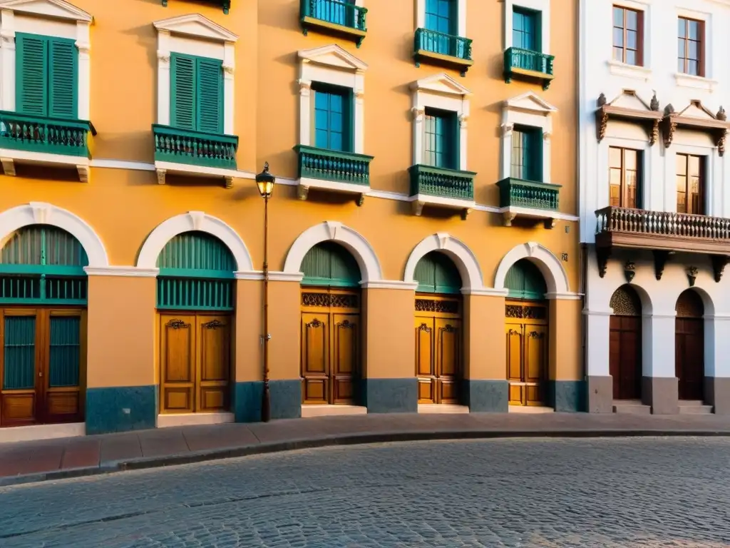 Herencia cultural e inmigración española en Uruguay: calle adoquinada al atardecer en Montevideo, con arquitectura barroca, tiendas y catedral