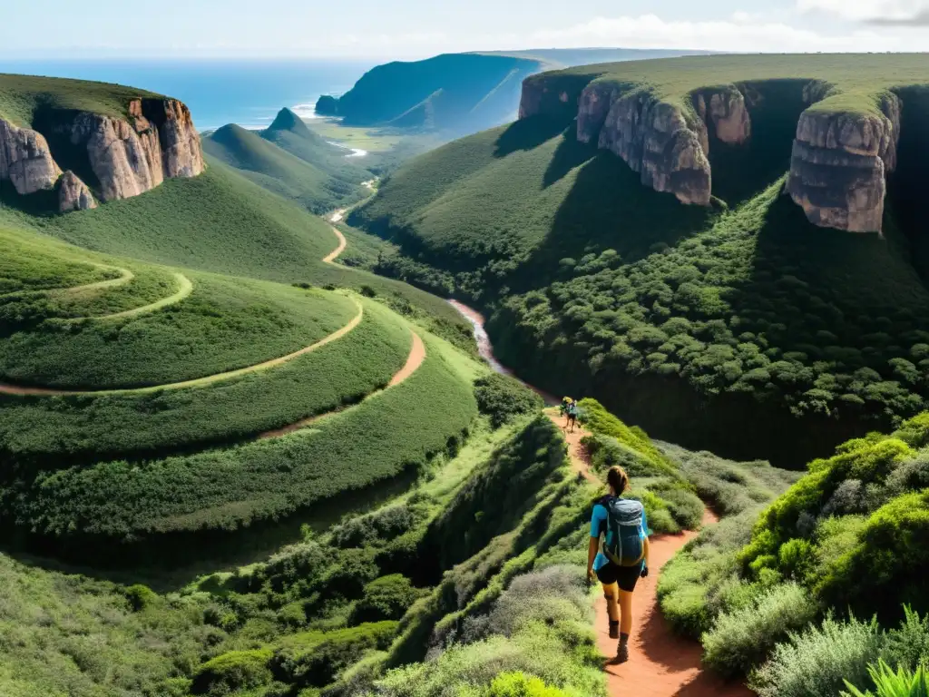 Hiker maravillado en una de las mejores rutas de senderismo en la naturaleza de Uruguay, la Quebrada de los Cuervos, bajo un cielo dorado