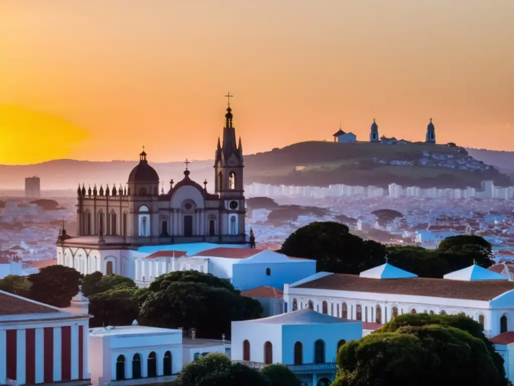 'Historia y arquitectura de Paysandú deslumbran al atardecer, con la Basílica y el río Uruguay teñidos de oro'