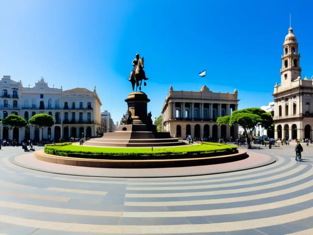 Historia Plaza Independencia Montevideo: estatua de Artigas montado en caballo, Palacio Salvo imponente y bandera uruguaya ondeando en un día luminoso