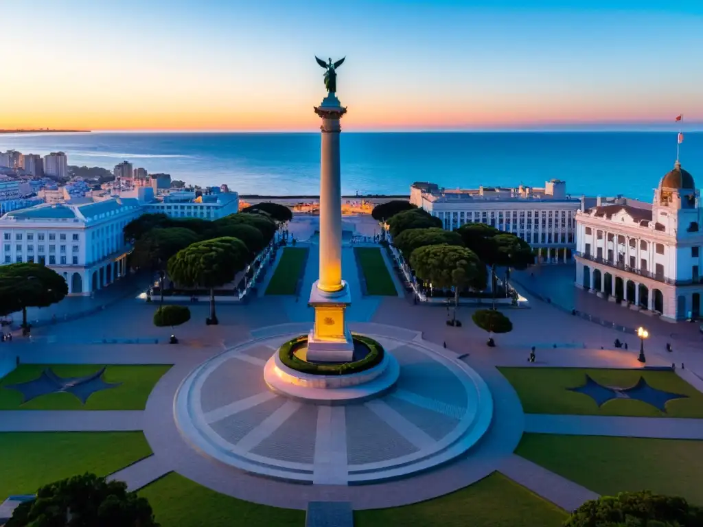 Historia Plaza Independencia Montevideo resplandece bajo el sol poniente, con Artigas vigilante y majestuosos hitos