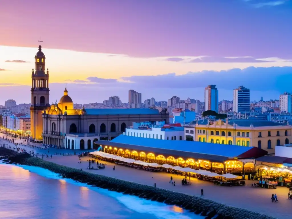 La historia y modernidad de Montevideo se mezclan en un atardecer dorado, con el bullicioso Mercado del Puerto y el icónico Palacio Salvo destacándose