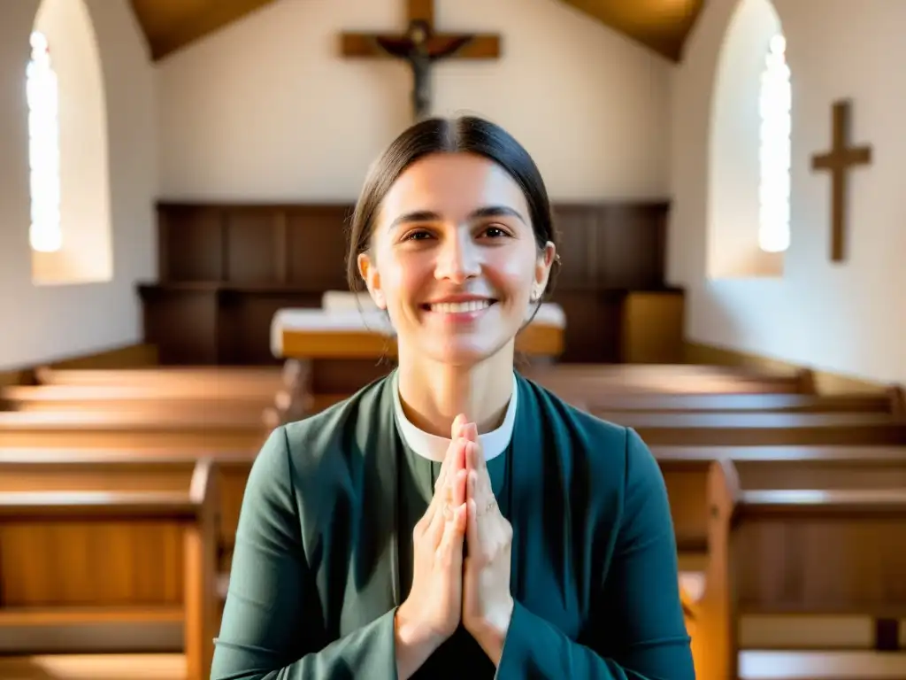 Historia de la beata uruguaya María Francisca Rubatto, retratada en una capilla antigua, con su hábito, sonrisa cálida y oración ferviente