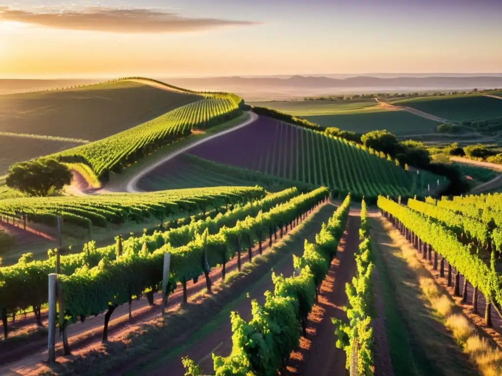 Amanecer en la histórica Ruta del Vino Uruguay, con viñedos bañados en luz suave y bodegas antiguas en el horizonte