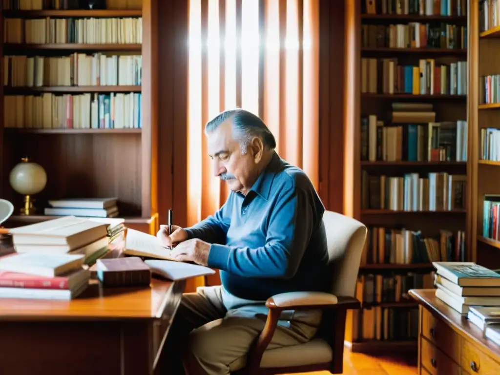 Mario Benedetti, en su hogar de Montevideo, inmerso en su influencia literaria, escribe con absoluta concentración