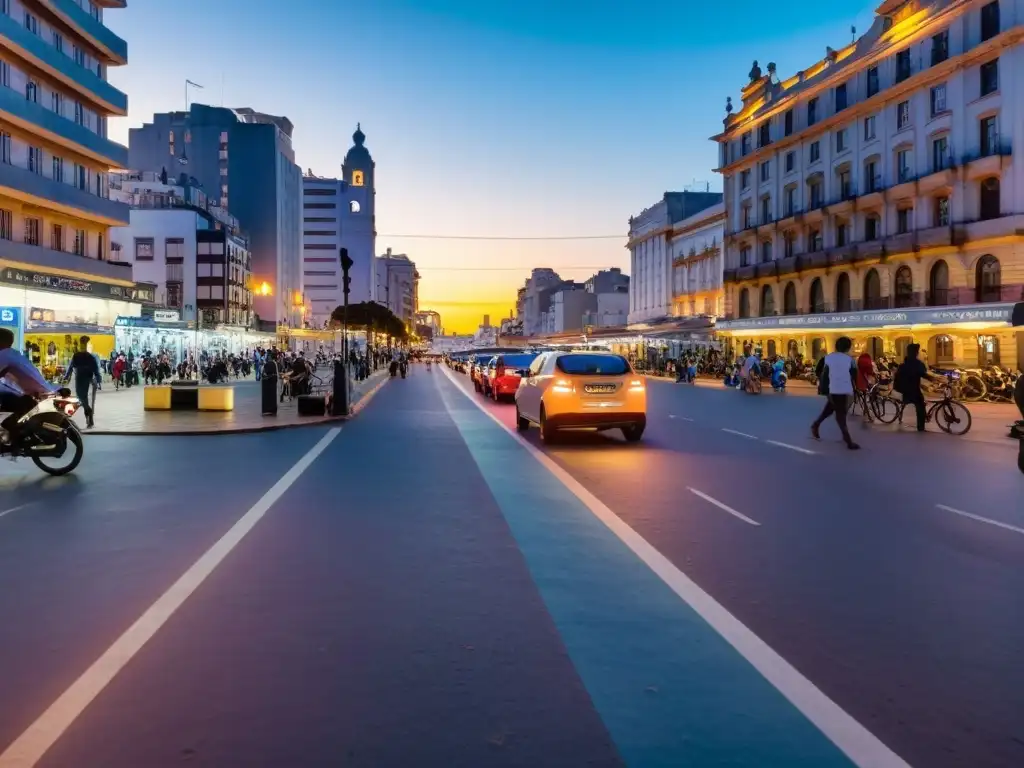 Hombre en Montevideo, Uruguay, usando aplicaciones de transporte en su smartphone al anochecer, con la ciudad vibrante y llena de vida a su alrededor