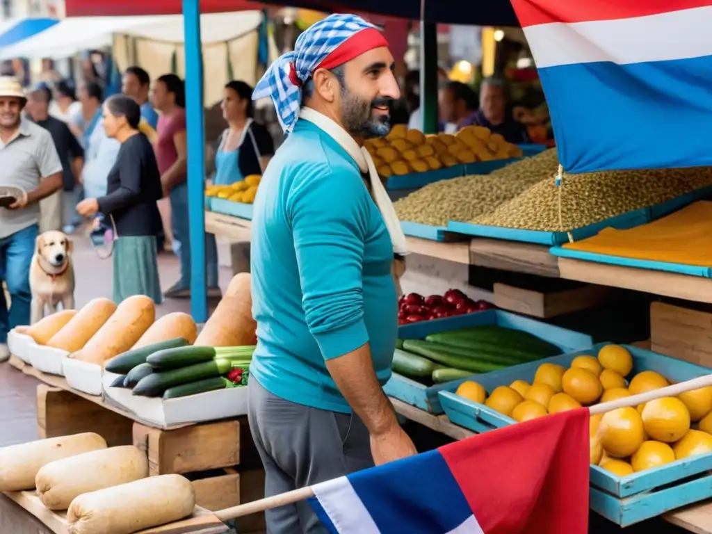 Un hombre y su leal Golden Retriever, ambos luciendo bandanas uruguayas, disfrutan de un animado mercado en Montevideo, Uruguay