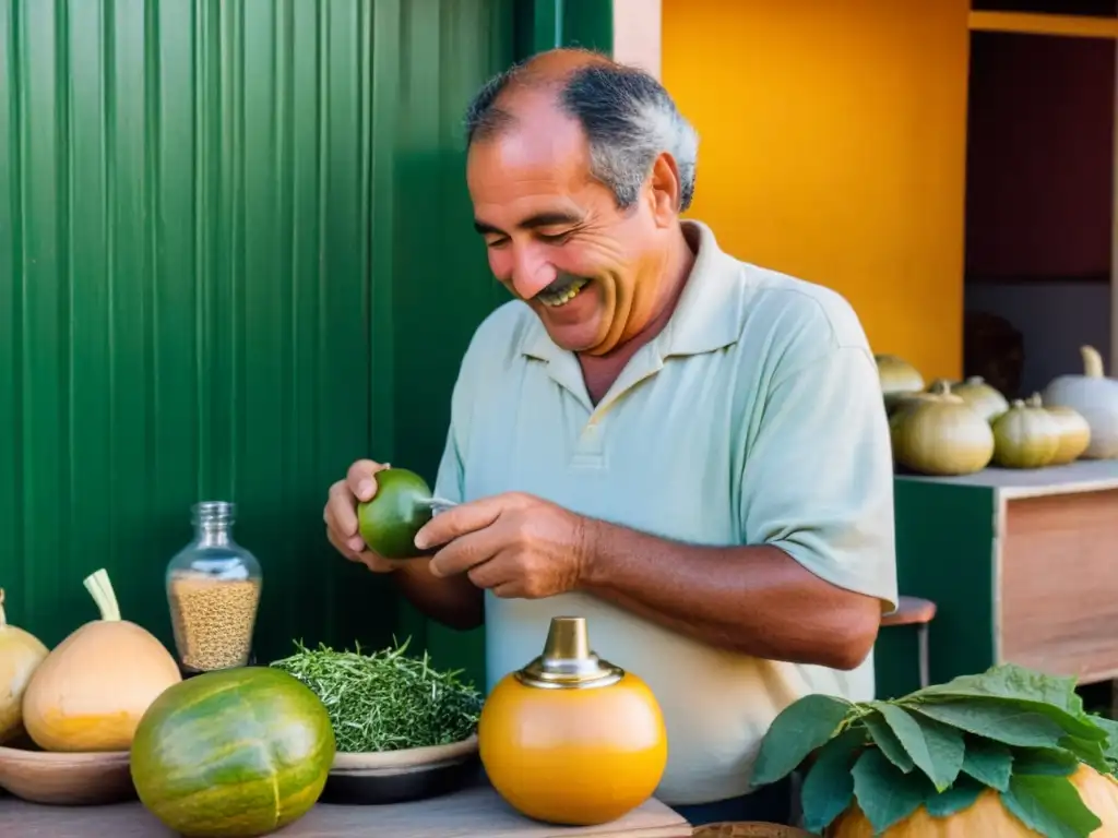 Un hombre mayor prepara mate en un bullicioso mercado de Montevideo, Uruguay, al atardecer