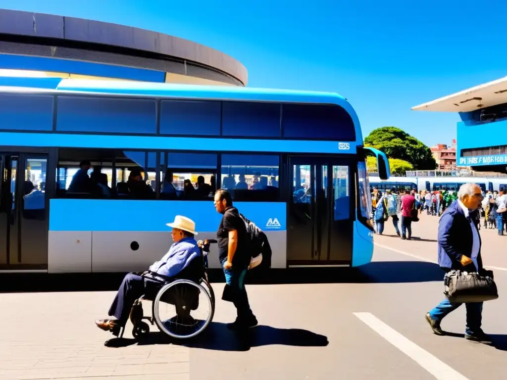 Hombre en silla de ruedas enfrenta el desafío de un estrecho rampa en una estación de autobuses uruguaya llena de gente, demostrando la necesidad de un transporte accesible para personas con discapacidad en Uruguay