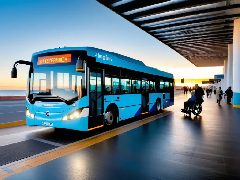 Un hombre en silla de ruedas disfruta del transporte accesible para personas discapacidad Uruguay en una mañana ajetreada en Montevideo, subiendo a un bus de colores vibrantes