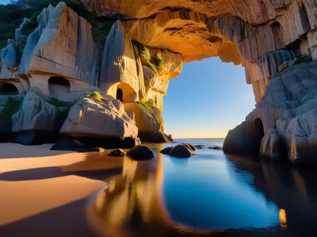 Horas doradas en la Gruta del Padre Pío en Uruguay, resplandeciendo con un brillo etéreo y sirviendo como santuario natural majestuoso