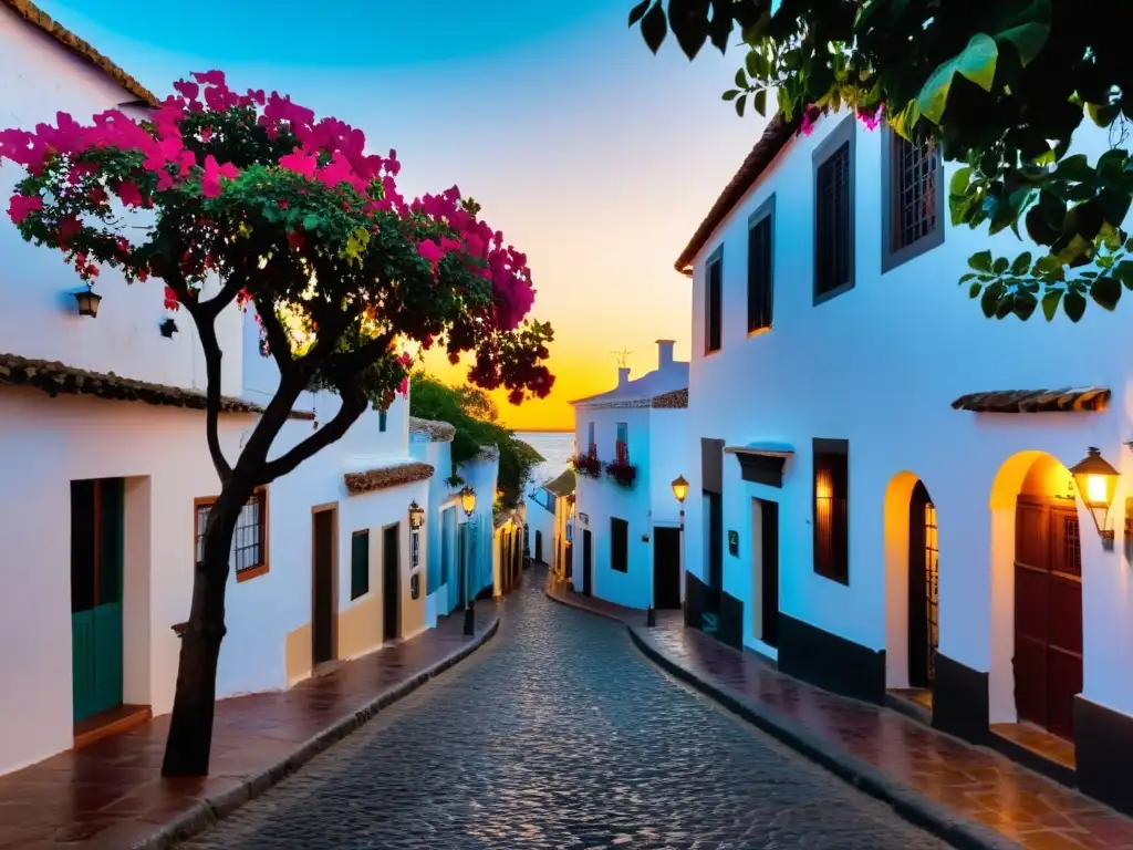 Hostales acogedores para mochileros en Uruguay, observando la encantadora Colonia del Sacramento al atardecer, bajo un faro encendido