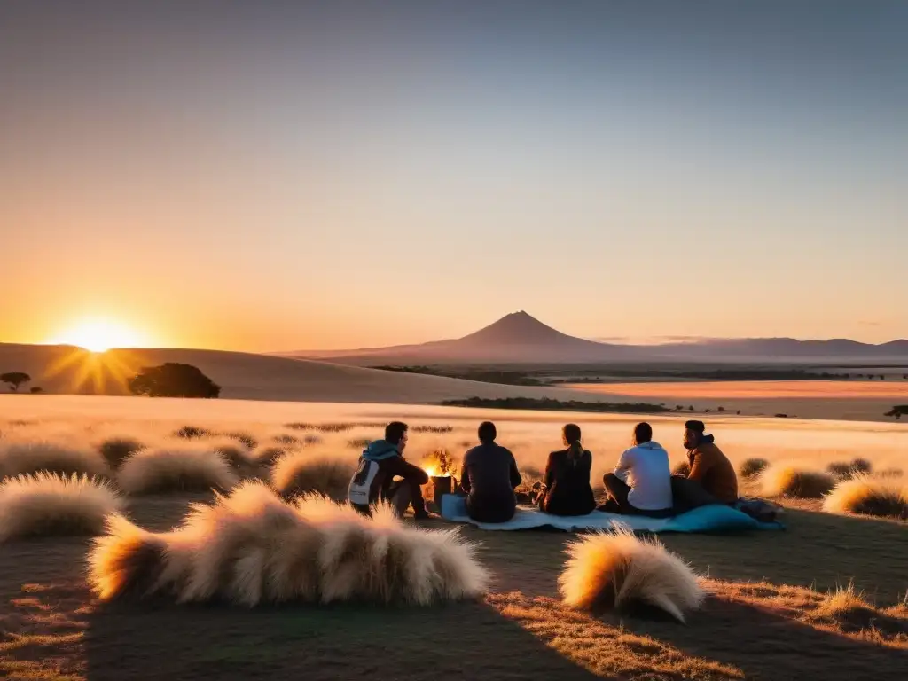 Hostales acogedores para mochileros en Uruguay, rodeados de un atardecer dorado en las llanuras uruguayas, llenas de risas y historias