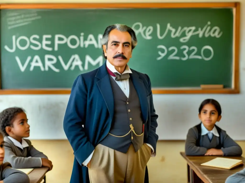 José Pedro Varela, figura icónica del legado educación política Varela Uruguay, enseñando en un aula antigua, reflejo de esperanza y determinación