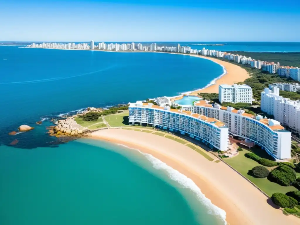 Icono 'La Mano' en la arena, mientras la gente disfruta de la playa de Punta del Este, Uruguay