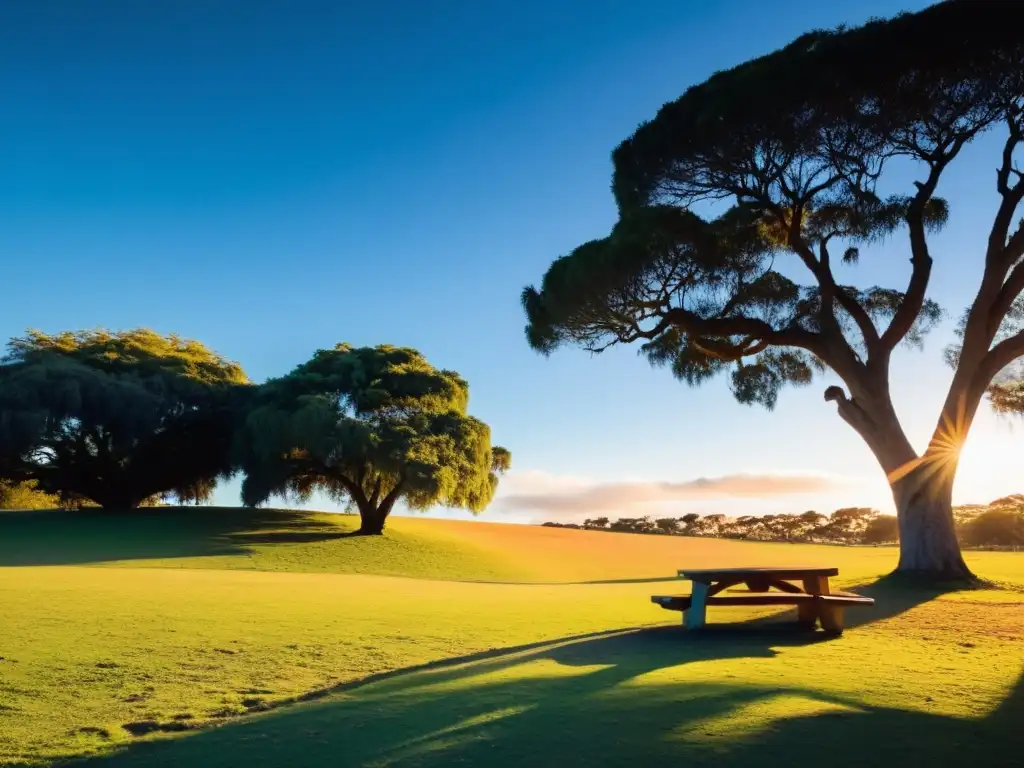 Un idílico atardecer en los parques tranquilos para picnics en Uruguay, con un río sereno, árboles majestuosos y familias disfrutando